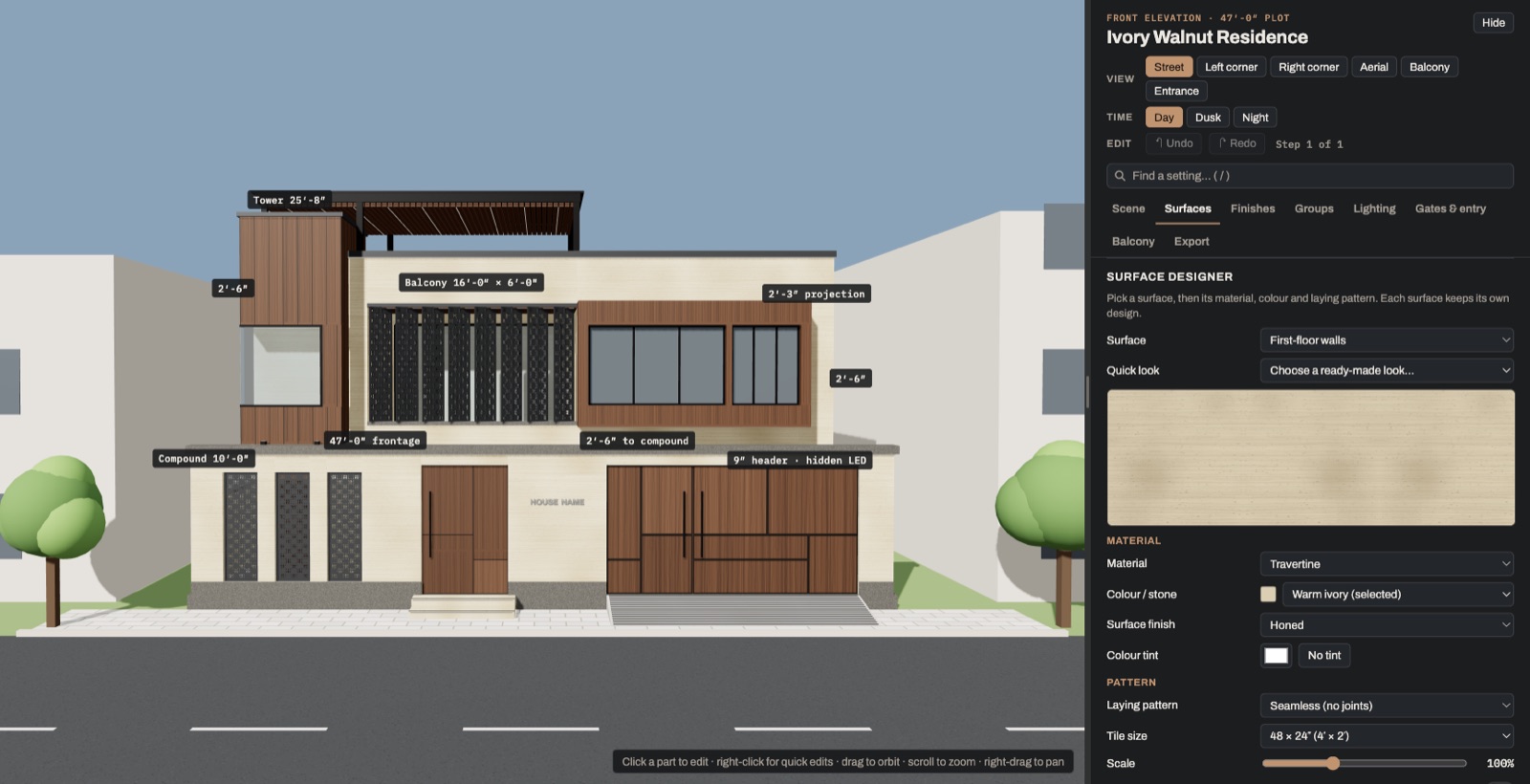 Elevation Studio showing a two-storey house front with a walnut-clad tower, perforated balcony screen and wooden gates, next to the surface designer panel.